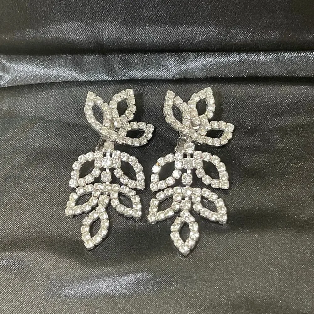 Vtg Style Clear Rhinestone Leaf Drop Openwork Clip Earrings Bridal Formal